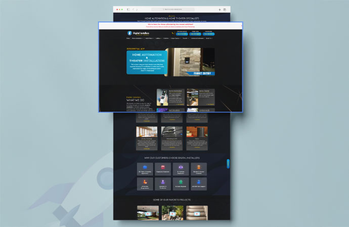 Screenshot of the Digital Installers website homepage, showing their services in home automation and theater installation, with a feature image of a luxury garage with a car lift.