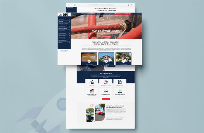 Screenshot of the Restotech DKI homepage, a restoration company in Orange County. The page highlights emergency services for water and fire damage, with a headline 'We Restore Lives!' and prominent contact information.